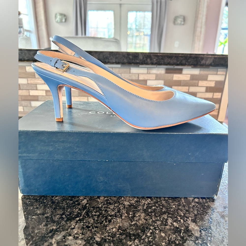 NEVER WORN.  New in box. Cole Haan sling back heels.  Size 8 and 2.5 inch heel.